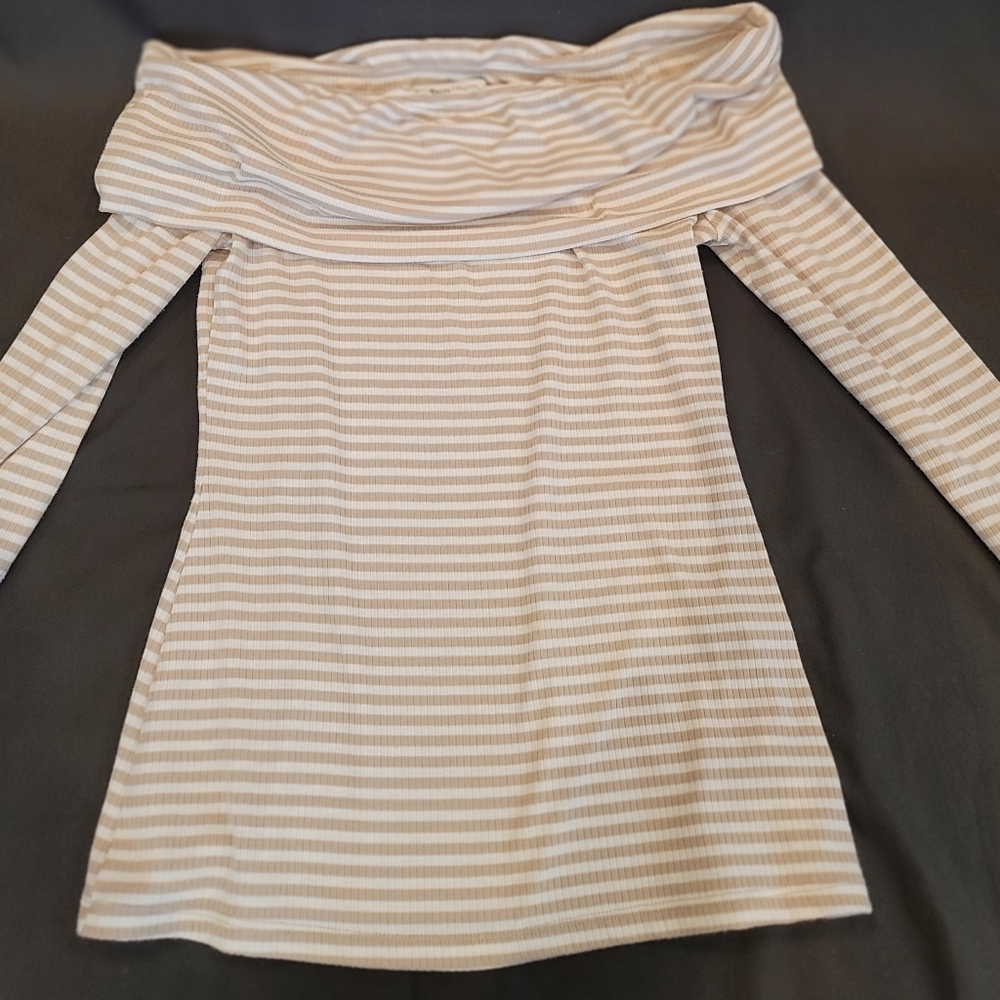 Tan and white stripe off shoulder top